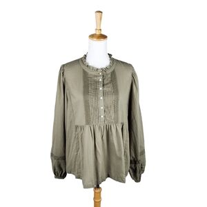 DOWNEAST Pintuck Peasant Long Sleeve Top In Olive Size XL